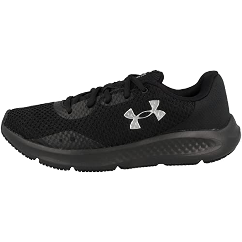 Under Armour UA W Charged Pursuit 3, zapatos de deporte para mujer, ligeras y flexibles deportivas para mujer, color negro/negro/plateado metálico