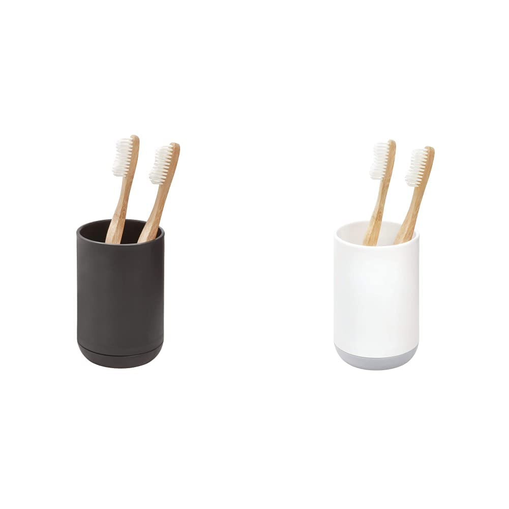 iDesign Cade Holder, Holds Normal Toothbrushes, Spin Brushes, and Toothpaste, 3" x 3" x 4. 5", Matte Black & Cade Holder, Holds Normal Toothbrushes, Spin Brushes, and Toothpaste-White and Gray