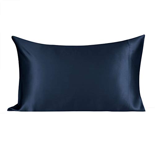 PiccoCasa Funda de almohada de seda para cabello y piel, a ambos lados, 100% seda, fundas de almohada suaves, transpirables, sedosas, fundas de almohada para mujer, azul marino (50,8 x 91,4 cm)