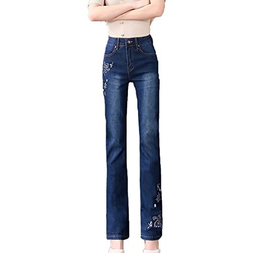 Women's High Waist Floral Embroidered Jeans Slim Fit Straight Leg Stretch Denim Pants Washed Skinny Slimming Jean (Dark Blue,32)
