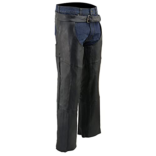 Milwaukee Leather Chaps for Men's Black Vented Premium Leather Motorcycle Chaps w/Side Pocket-Stretch Thigh-ML1129 - Medium