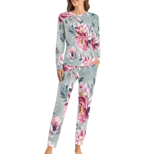 Pyjama femme roses rétro confortable : ensemble t-shirt manches longues pantalon de nuit douillet