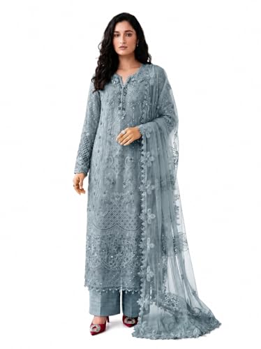 Image of RUDRAPRAYAG Faux Georgette Fabric With Heavy Embroidered Sequence With Khatli Work Semi Stitched V-Neck Salwar Suit Sharara With Dupatta For Women