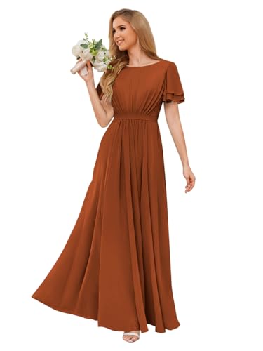 Image of Chiffon Formal Dresses for Women Scoop Neck Modest Bridesmaid Dress with Sleeves Burnt Orange Size 12