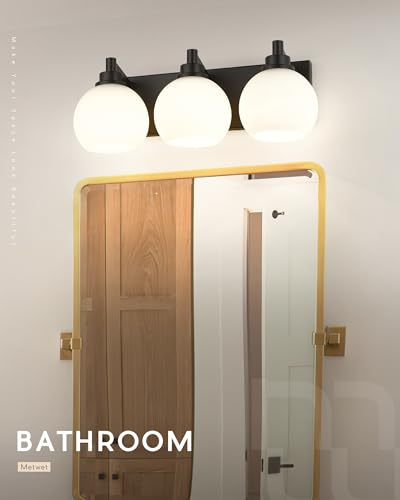 Image of Bathroom Light Fixtures, 3-Light Matte Black Vanity Light, Modern Wall Sconces with Milk White Globe Glass Shade, Vanity Lighting Fixtures Over Mirror, VL195-MB-ML-3