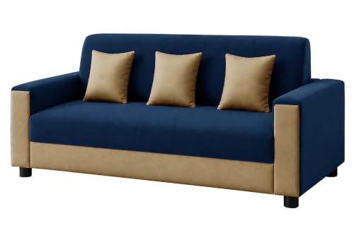 Image of Modern 3 Seater Sofa | Contemporary Upholstered Couch | Premium Cushioned Seating | Stylish Armrest Design | Comfortable Sofa for Living Room, Bedroom & Office - Blue + Beige Color