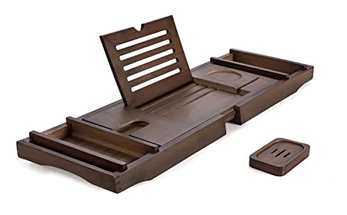 HBlife Bamboo Bathtub Caddy Tray [Durable, Non-Slip], One or Two Person Bath and Bed Tray, Extending Sides Fits Any Tub, Cellphone iPad and Wineglass Holder, Free Soap Holder - Coffee