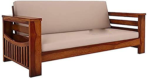 Image of Mamta Furniture Wooden 5 Seater Sofa Set Home Living Room |Solid Wood Sofa Set 3+1+1 | Sheesham Wood Furniture Sofa Set | Without Pillow | 40 Density Cream Cushions| Honey Finish