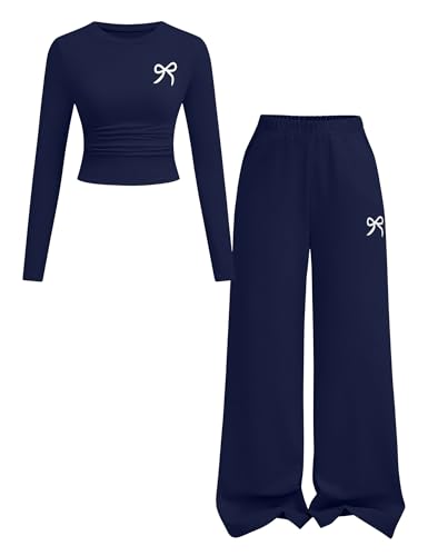 Image of Tween Girls Clothes Long Sleeve Bow Knot Print Top + Wide Leg Pants 2 Piece Outfit Set, Size 7-16 Years