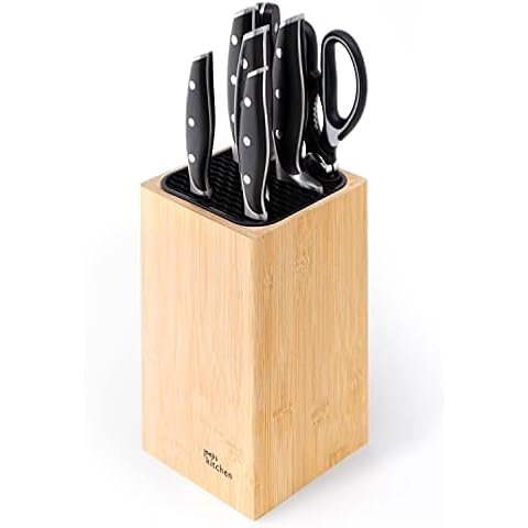 Joejis Universal Knife Block Without Knives with Extra Slots for Scissors & Sharpening Rod, Bamboo Knife Block only, Easy to Clean & Drain Kitchen Knife Holder Without Knives Cover