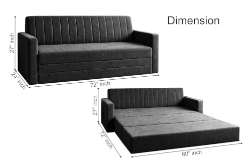 Image of 3 Seater Sofa Cum Bed with Armrest, Velvet Fabric Couch for Living Room, Space Saving Foldable Sleeper Sofa, (Black-Color)