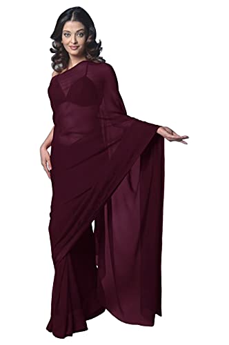 Women's Bollywood Chiffon Plain Sari Festival Uniform Saree Wrap Fabric Unstitched Blouse Piece Party Wear (Wine)