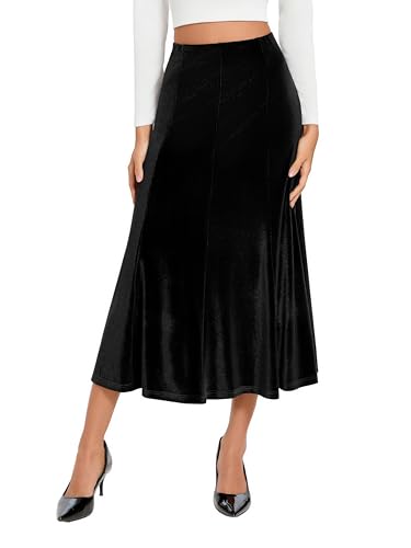 Urban CoCo Womens Elegant Vintage Velvet Long Midi Skirt High Waist A-Line Skirts(Black L)
