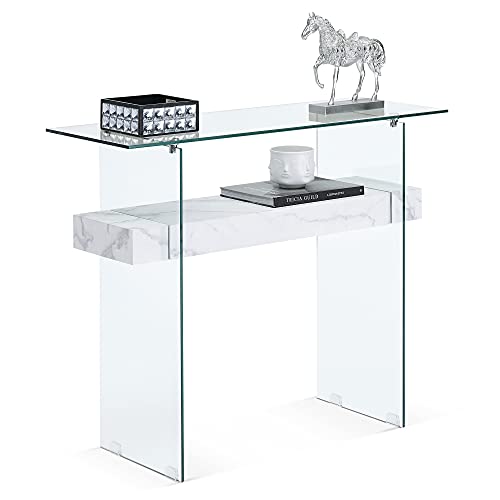 ivinta Mesa consola estrecha de vidrio con almacenamiento, mesa de sofá, mesa de entrada, escritorio de vidrio, escritorio de computadora pequeño, mesa de TV, mesa de buffet, mesa de acento moderna