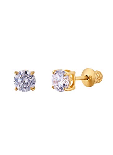 Earrings for Girls, 18k Yellow Gold Plated CZ Hypoallergenic Stud Earrings - Screw On Safety Backs, Stainless Steel Posts for Kids, Toddlers, Teens