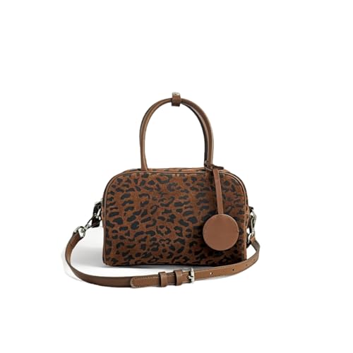 Brown Suede Genuine Leather Trendy leopard print bags for women small Leopard Print Crossbody Purse for Women Small Square Top Handle Boston bag Handbag with Adjustable Shoulder Strap