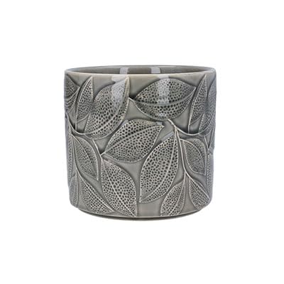 Gisela Graham Stoneware Plant Pot Cover, Grey Leaves Pattern, 14cm x 12cm, Small