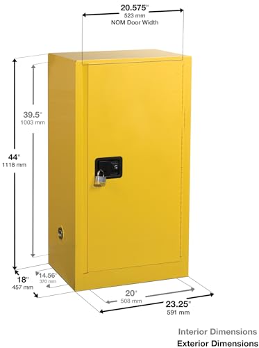 Image of Justrite 20 Gallon Self Close Paint and Ink Safety Cabinet, 18 Gauge Steel, 2 Shelves, 23 inch x 44 inch x 18 inch, 1 Door Combustibles Cabinet, Made in The USA, Yellow, 891530