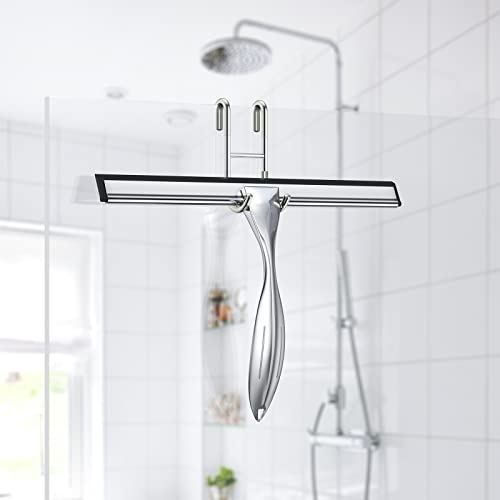Image of Shower Squeegee for Glass Door 12-Inch Stainless Steel Bathroom Squeegee Window Wiper, Includes Shower Door Hook, Adhesive Hook, and Spare Silicone Blade for Window Mirror Car All-Purpose Squeegee