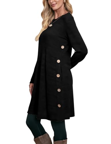 OFEEFAN Long Sleeve Dress for Women Crew Neck Tunic Dress with Pockets Buttons Side2