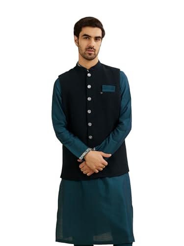 Image of Manyavar Men's Rayon Blend Textured Ethnic Jacket (1pc)