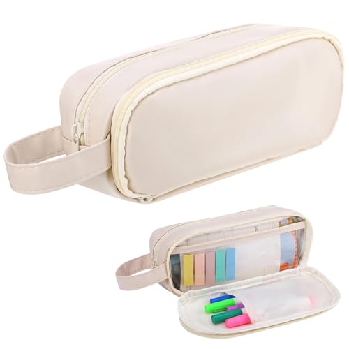 umorismo Big Capacity Pencil Case with Sticky Note Aesthetic Pencil Pouch with Compartments Expandable Pen Cases with Zipper School Stationery Organizer for Girls Women(Beige)