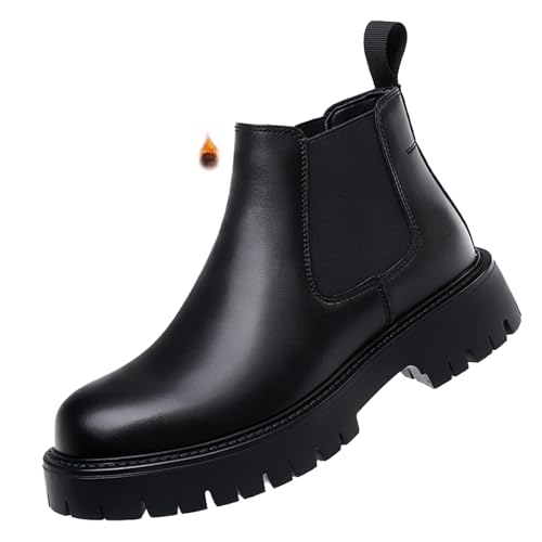 NEKGNL Men's Genuine Leather Chunky Platform Chelsea Dress Boots Luxury Round Toe lug sole Slip-On Outdoor Non Slip Shock Work Ankle Boots (Black velvet,14)