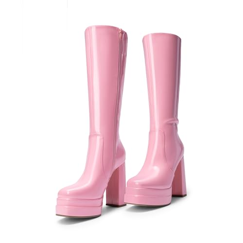 DREAM PAIRS Women's Platform Heeled Knee High Boots, Long Chunky Tall Gogo Boots for Fall,Size 8,Pink,SDKB2306W