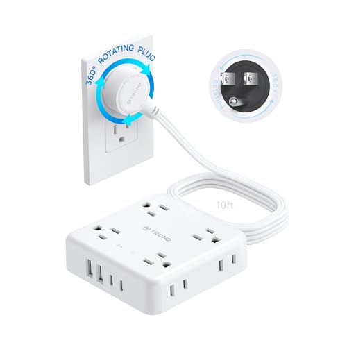 Image of TROND 360 Rotating Flat Plug Power Strip, 10FT Flat Extension Cord with Multiple Outlets 4 USB (2 USB C), Wall Mount Surge Protector 1440 Joules for Home Office Travel Dorm Room Essentials, White