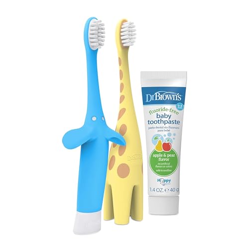 Image of Dr. Brown's Infant to Toddler Giraffe and Blue Elephant Toothbrushes with Baby Toothpaste, Strawberry 1.4oz