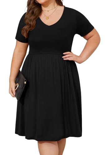 DB MOON Women Plus Size Dresses 2025 Summer Casual V Neck Short Sleeve Knee Length Dress with Pockets XL2