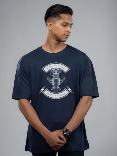 Image of T-Shirt for Men - 100% Cotton Ladakh Motorcycle Rider Half Sleeve Round Neck Graphic Print | Regular & Oversized Fit | 180 /220 GSM | S-5XL | Black, Navy Blue, Olive, Red, White