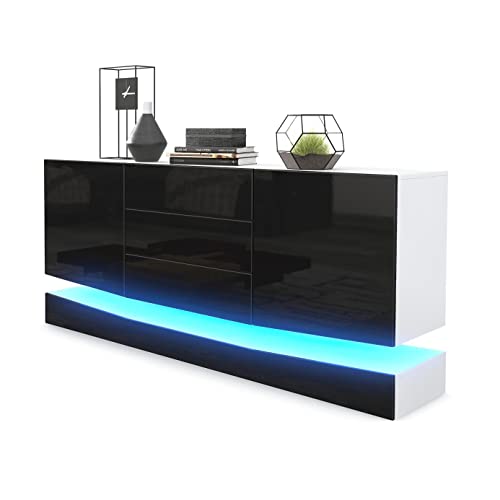 Vladon Buffet Armoire City, Corps en Blanc Mat/Façades en Noir Haute Brillance avec éclairage LED