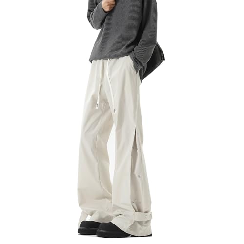 Seidarise Men's Beige Wide - Leg Pants, Adjustable Side Buttons Straps, Drawstring Waist