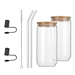 Transparent Can Glass Cups with Wooden Lid and Glass Straw 480ml Reusable Can Shaped Drinking Glasses 2pcs Beer Glasses Iced Coffee Glasses Clear Cute Tumbler Cup for Juice Coffee Cocktail Whiskey