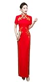 Tinhulf Red Women's Traditional Chinese Cheongsam Chi-pao Lace Mermaid Pageant Gala Evening Prom Gown Long Dress Qipao