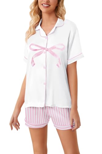 Image of Schbbbta Girls Womens Pajamas, Satin Silky Pjs Set Kids 2Pcs Button-Down Nightwear Sleepwear Gift for Mommy and me