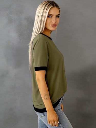 Image of Womens Short Sleeve Striped Color Block Crew Neck Sweater Shirt Lightweight Cotton Casual Summer Pullover Tops