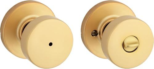 Image of Kwikset Pismo Interior Privacy Door Knob with Lock, Door Handle for Bathroom and Bedroom, Satin Brass, Round, Keyless Turn Lock Doorknob, Microban Protection (Pack of 10)
