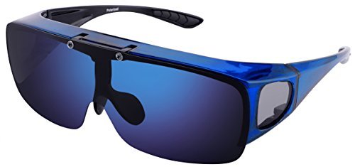 TINHAO Mens Polarized Flip Up Fitover Sunglasses with Mirrored Lenses (Blue, Blue)