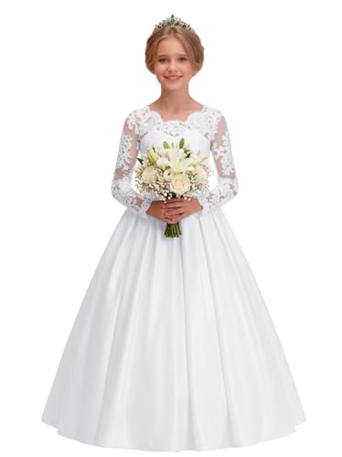 Lhling White Satin Flower Girl Dresses with Bowknot Long Sleeve First Communion Dress for Girls Lace Applique Pageant Ball Gowns Size 9