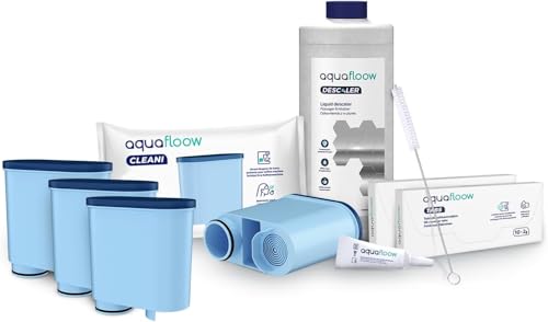 Aquafloow Reinigungsset für Philips, Saeco Kaffeevollautomaten – Entkalker 1000 ml, 20 x 2g Reinigungstabletten, 4× Filter kompatibel mit AquaClean CA6903, Reinigungsbürste & Silikonfett