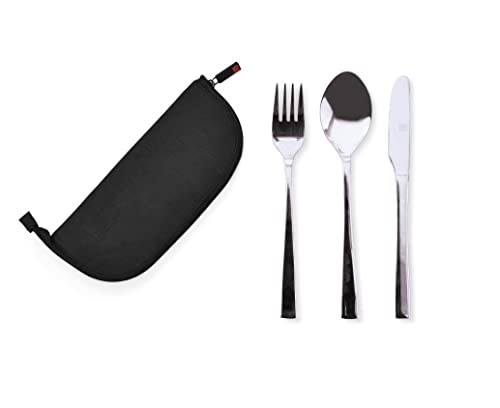 IRIS BARCELONA - Set de Cubiertos con Funda, Porta Cubiertos con Cuchillo, Tenedor y Cuchara en Acero Inox, Negro