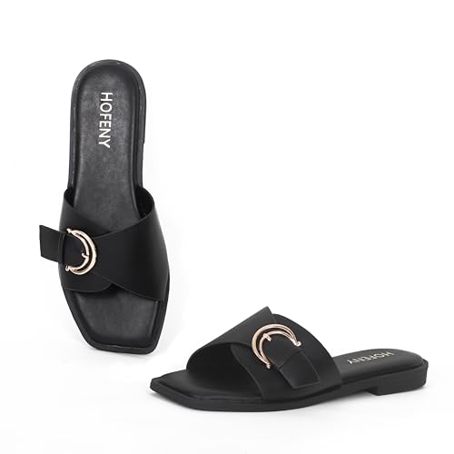 Womens Flat Sandals Open Toe Slip On Soft Leather Slide with Adjustable Metal Buckle Black