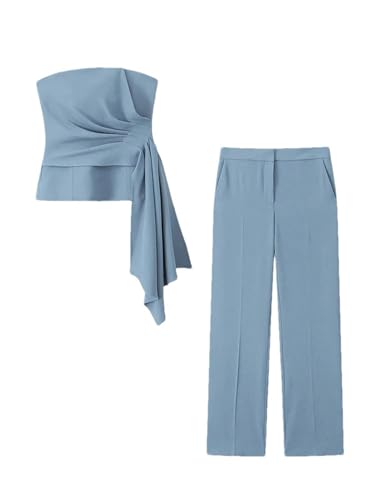 Elegant Women's 2 Piece Sets High Waist Straight Leg Pants Set Solid Pleated Decoration Strapless Top