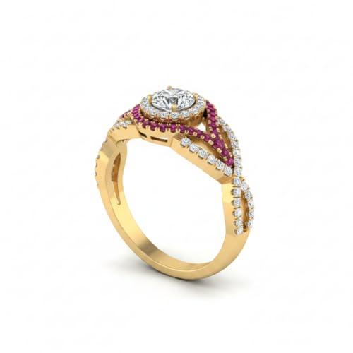 Image of Choose Your Gemstone Round Twisted Pave Double Halo Diamond CZ Ring Yellow Gold Plated Round Shape Double Halo Engagement Ring for Women, and Ladies US Size 4 to 12
