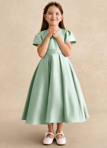 MCieloLuna Cute Toddler Flower Girl Dress Glossy Satin First Communion Dresses O Neck Short Sleeve Princess Long Gown4