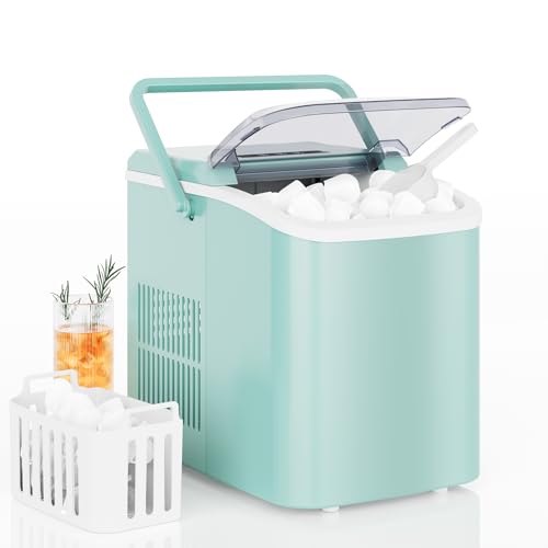 DUMOS Countertop Ice Maker with Handle, 26lbs/24H Portable Ice Machine, 9 Bullet Ice Cubes Ready in 6 Mins, Self-Cleaning, Quiet Compact Ice Maker for Home, Kitchen, RV, Camping, Green