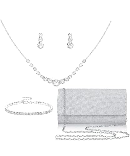 Silver Jewelry Set for Women Rhinestone Prom Choker Necklace Earrings Bracelet Clutch Purse Silver Accessories Bride Bridesmaid Crystal Bridal Jewelry for Wedding Engagement Party Prom Accessories