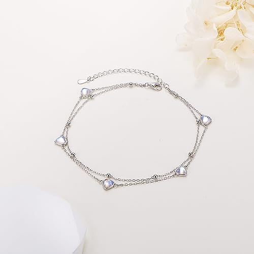 Image of Flyow Anklet for Women S925 Sterling Silver Adjustable Foot Beaded Heart Charm Ankle Bracelet Anklets Jewelry